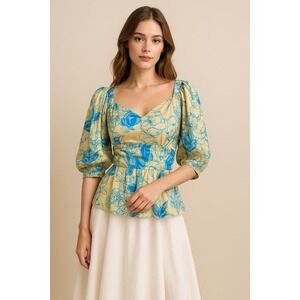 Plenty by Tracy Reese Womens Blouse Top Beige Blue 100% Silk size 6  Bohemian